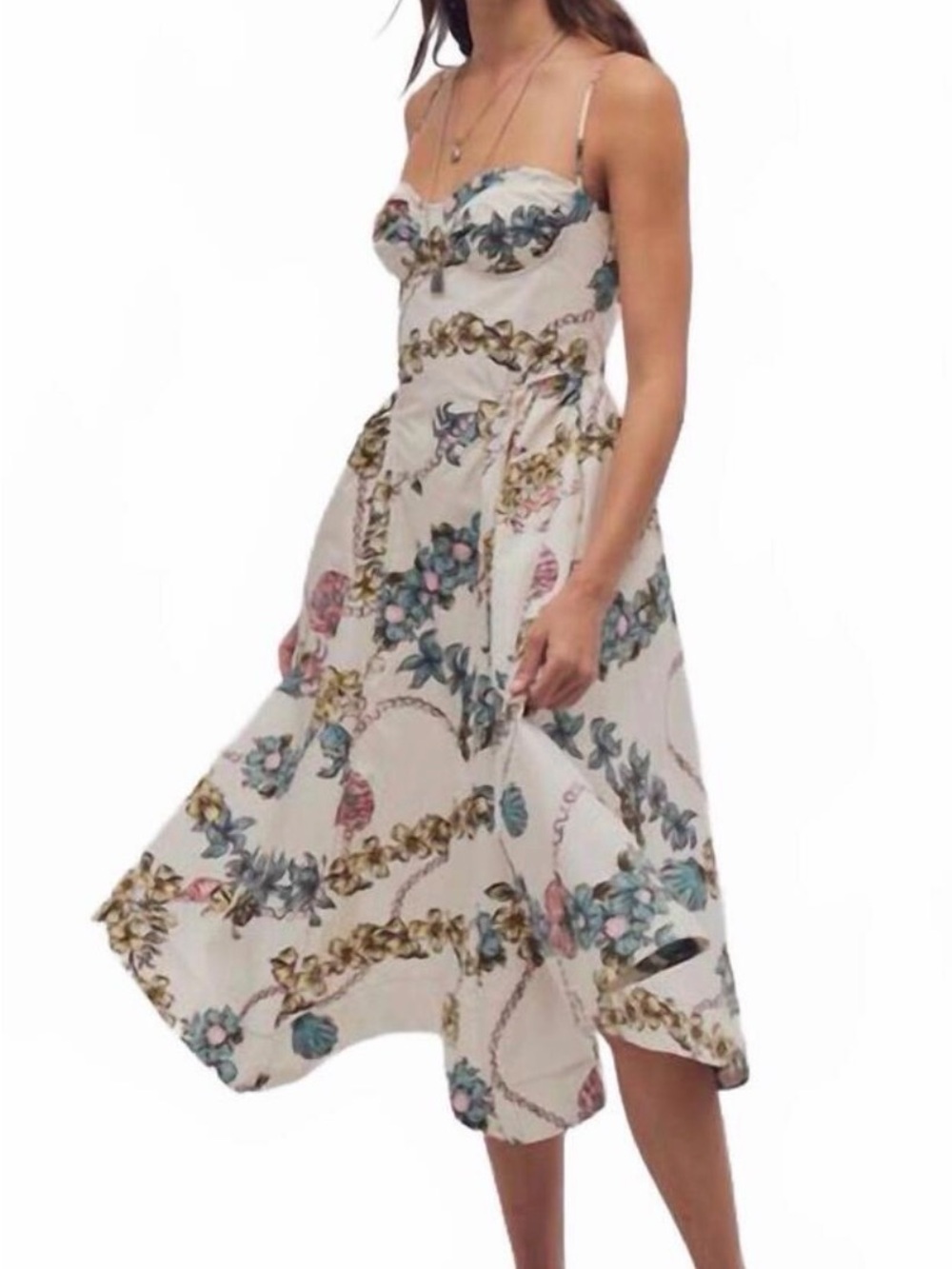 Free People Floral Corset Midi Dress Full Skirt Tie Back Cottagecore NWOT